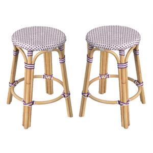 Home Square Rattan Round Backless Counter Stool in White and Purple - Set of 2