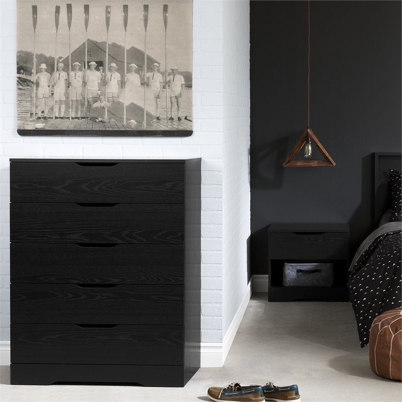 Home Square 2-Piece Set with 1 Drawer Nightstand & 5 Drawer Chest in Black Oak