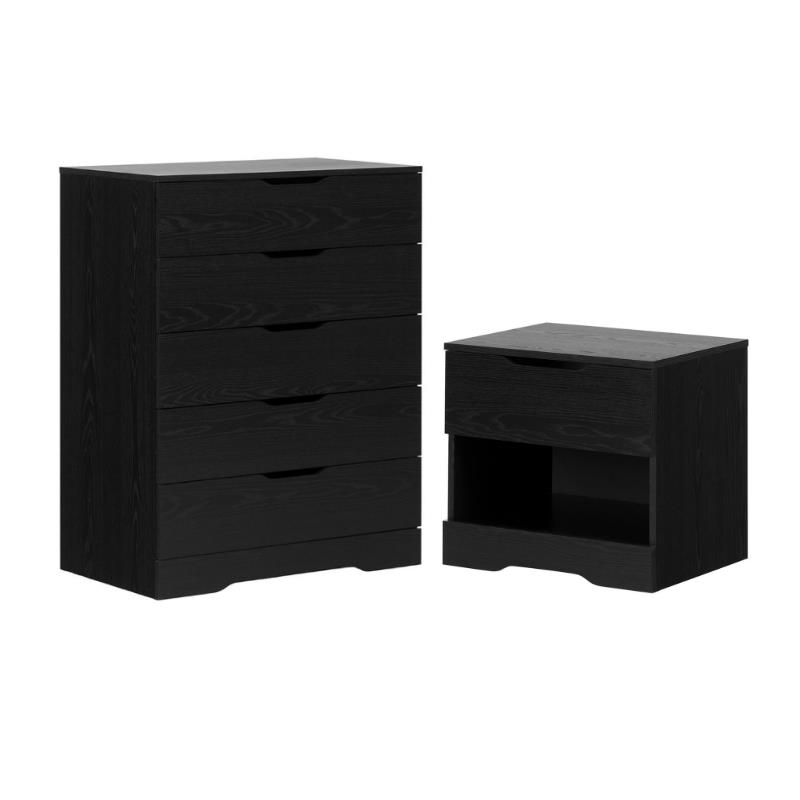 Home Square 2-Piece Set with 1 Drawer Nightstand & 5 Drawer Chest in Black Oak