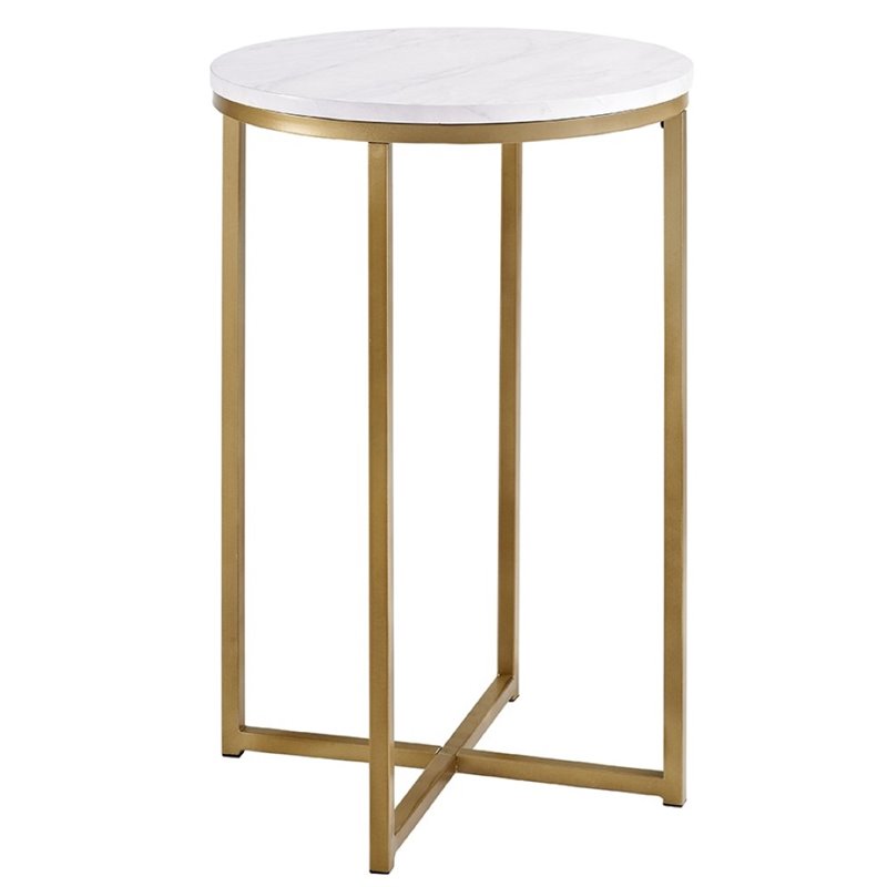 Home Square Modern Round White Faux-Marble End Table with Gold Base - Set of 2