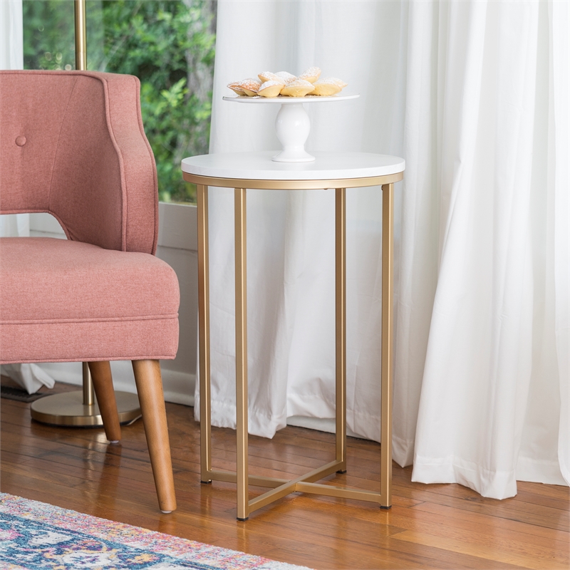 Home Square Modern Round White Faux-Marble End Table with Gold Base - Set of 2