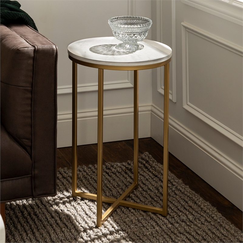 Home Square Modern Round White Faux-Marble End Table with Gold Base - Set of 2
