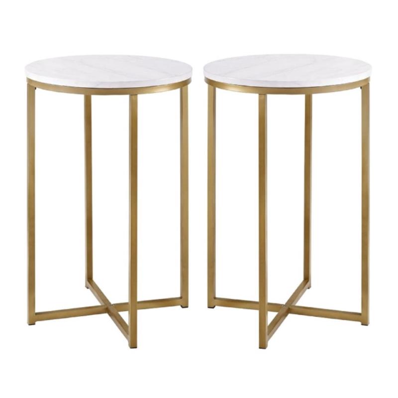 Home Square Modern Round White Faux-Marble End Table with Gold Base - Set of 2