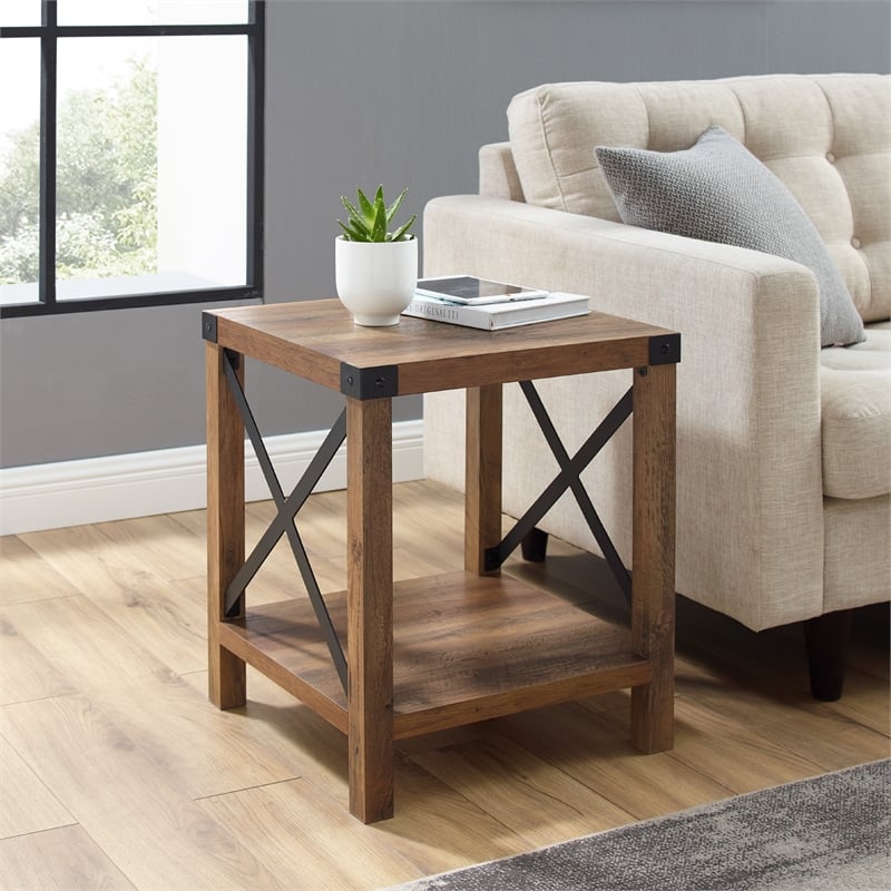 Home Square 18 inch Metal X Side Table in Reclaimed Barnwood - Set of 2