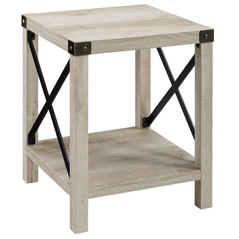 Home Square 18 inch Metal X Side Table in White Oak - Set of 2