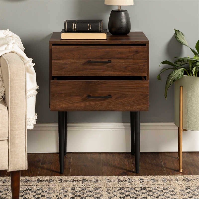 Home Square Wood Modern End Table with Metal Handles in Dark Walnut - Set of 2