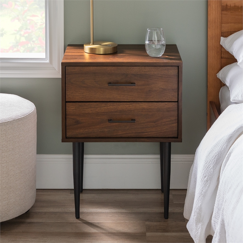 Home Square Wood Modern End Table with Metal Handles in Dark Walnut - Set of 2
