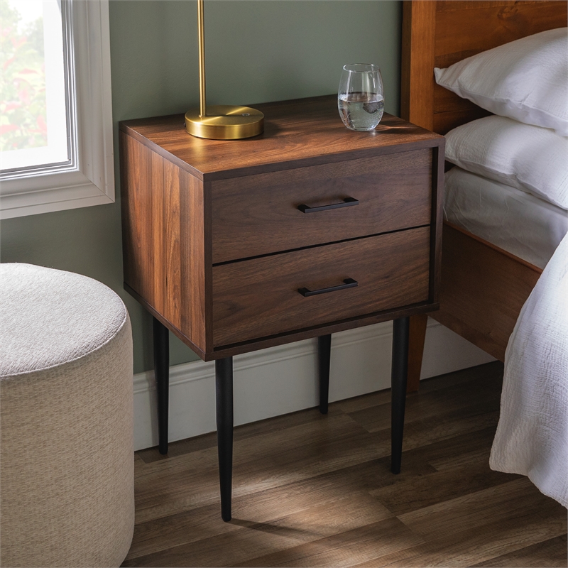 Home Square Wood Modern End Table with Metal Handles in Dark Walnut - Set of 2