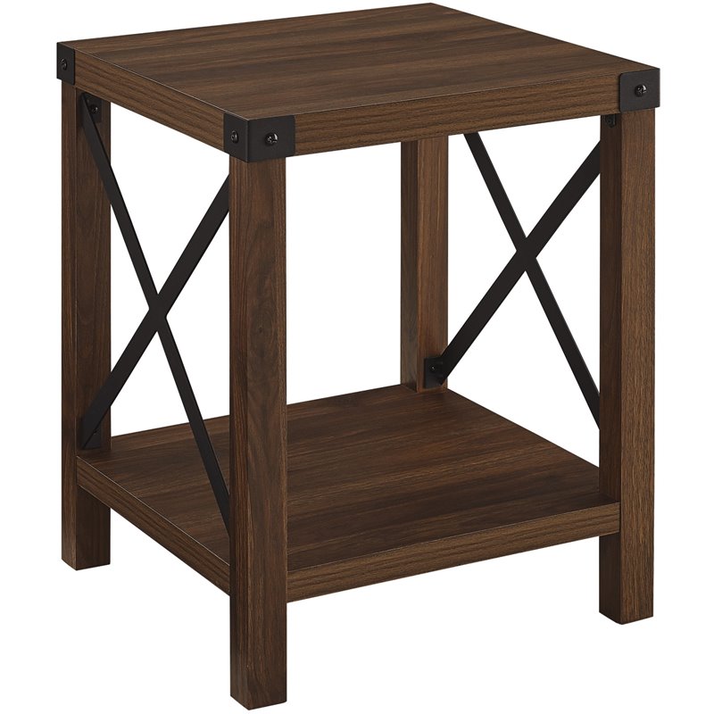 Home Square Metal X-Shaped Fram Rustic Wood End Table in Dark Walnut - Set of 2