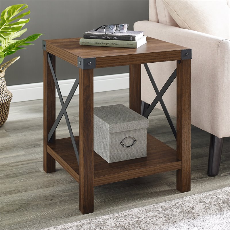 Home Square Metal X-Shaped Fram Rustic Wood End Table in Dark Walnut - Set of 2
