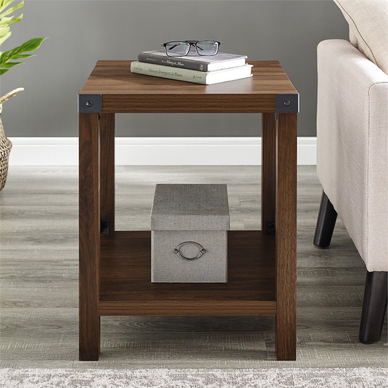 Home Square Metal X-Shaped Fram Rustic Wood End Table in Dark Walnut - Set of 2