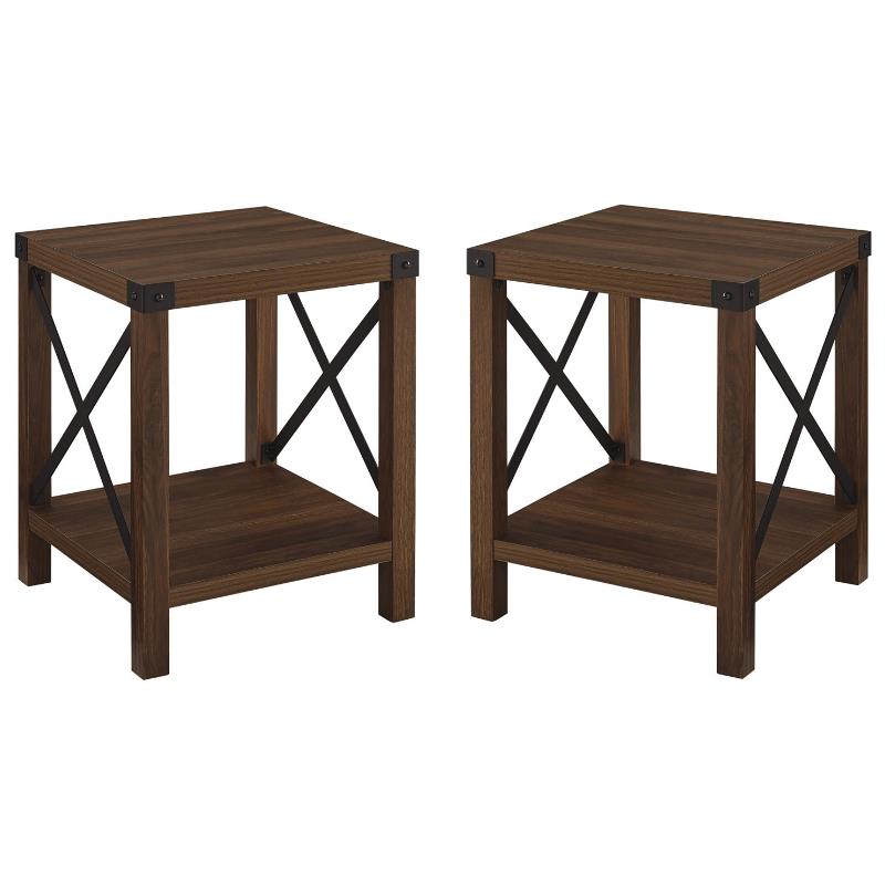 Home Square Metal X-Shaped Fram Rustic Wood End Table in Dark Walnut - Set of 2