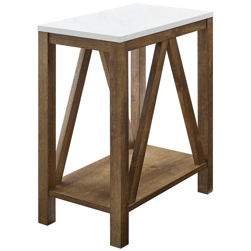 Home Square Narrow End Table in Faux White Marble & Natural Walnut - Set of 2