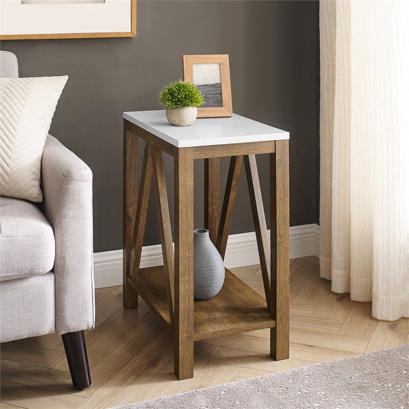 Home Square Narrow End Table in Faux White Marble & Natural Walnut - Set of 2