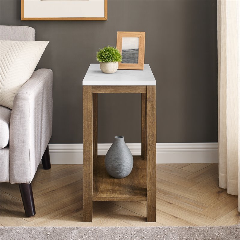 Home Square Narrow End Table in Faux White Marble & Natural Walnut - Set of 2
