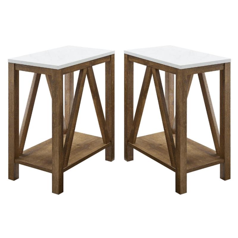 Home Square Narrow End Table in Faux White Marble & Natural Walnut - Set of 2