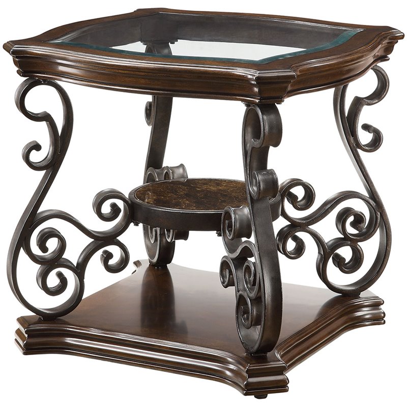 Home Square Glass Top Accent End Table in Deep Merlot - Set of 2