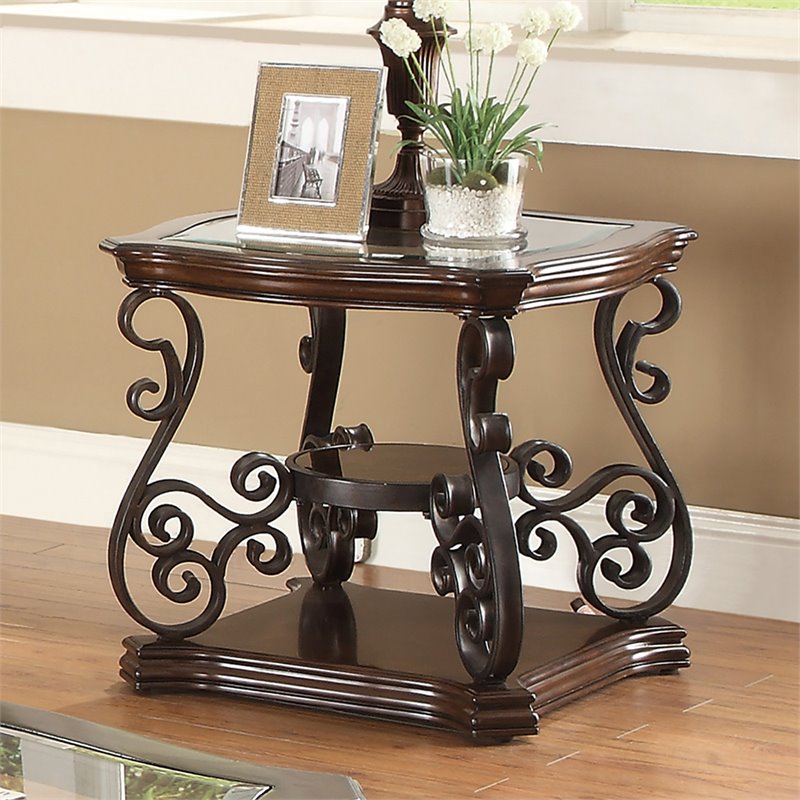 Home Square Glass Top Accent End Table in Deep Merlot - Set of 2