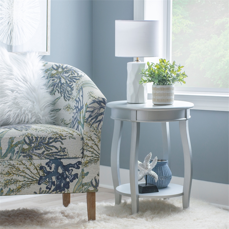 Home Square Round Wood End Table with Shelf in Silver - Set of 2