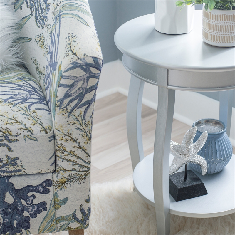 Home Square Round Wood End Table with Shelf in Silver - Set of 2
