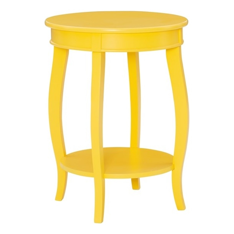 Home Square Round Wood End Table with Shelf in Yellow - Set of 2
