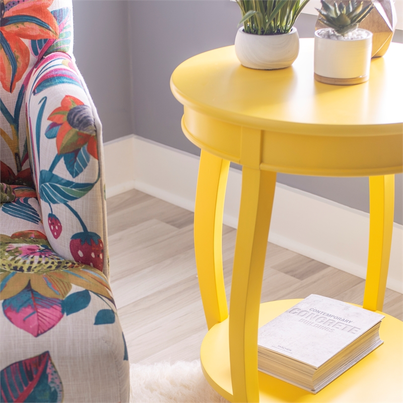 Home Square Round Wood End Table with Shelf in Yellow - Set of 2