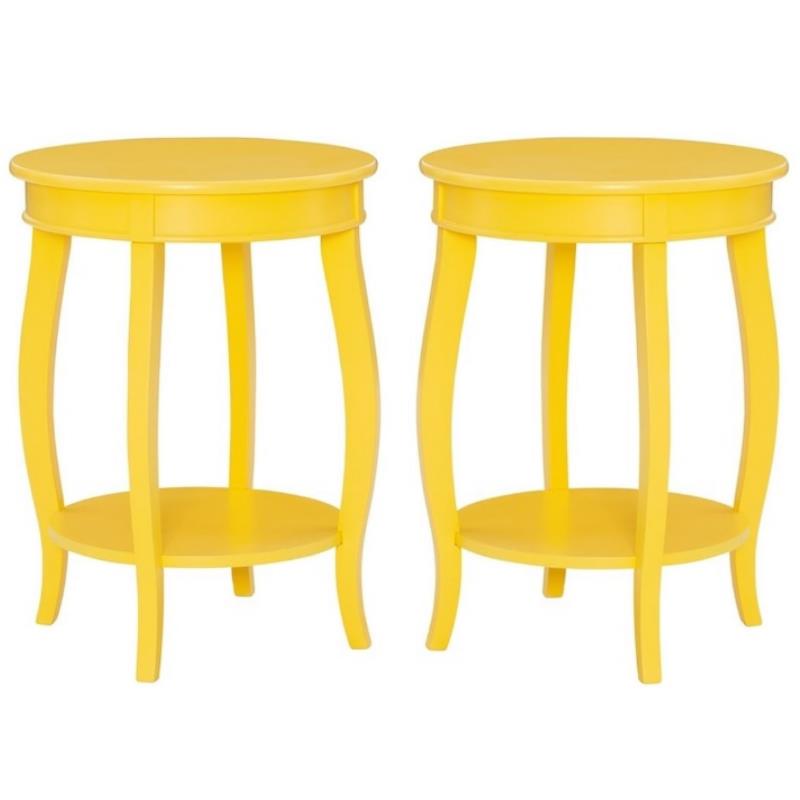 Home Square Round Wood End Table with Shelf in Yellow - Set of 2