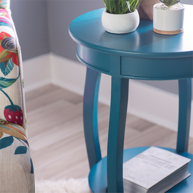 Home Square Round Wood End Table with Shelf in Teal Blue - Set of 2