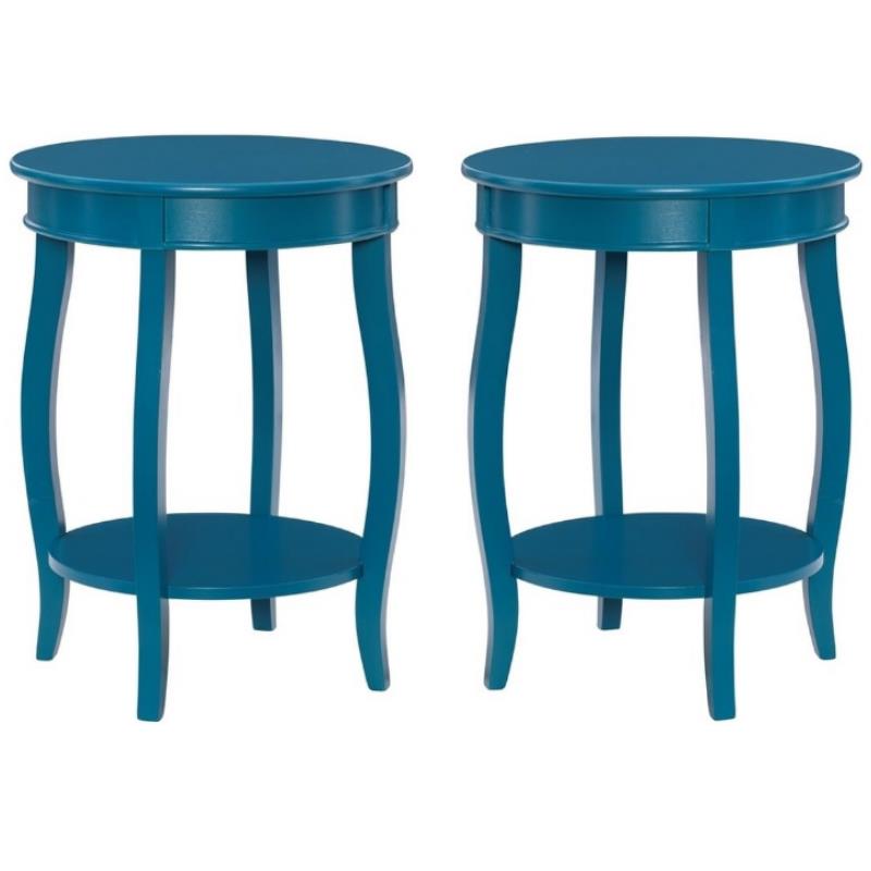 Home Square Round Wood End Table with Shelf in Teal Blue - Set of 2