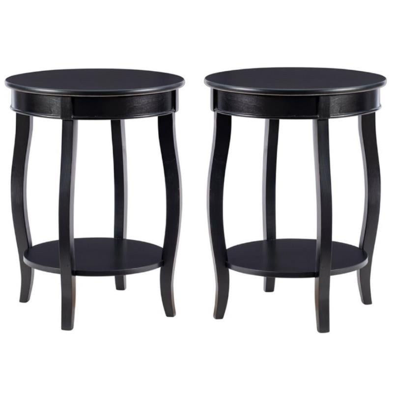 Home Square Round Wood End Table with Shelf in Black - Set of 2
