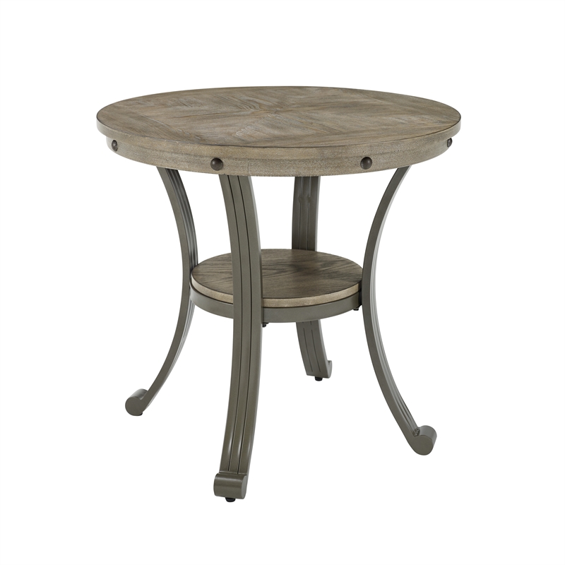 Home Square Metal and Wood Round Side Accent Table in Pewter - Set of 2