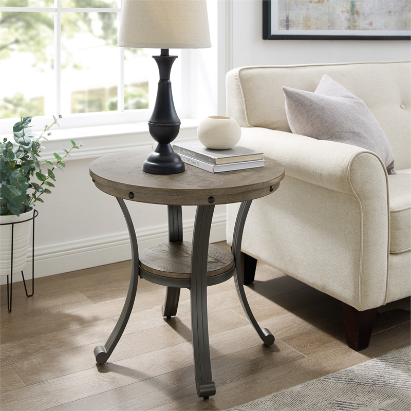 Home Square Metal and Wood Round Side Accent Table in Pewter - Set of 2