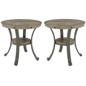 Home Square Metal and Wood Round Side Accent Table in Pewter - Set of 2