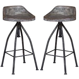 Home Square Wooden Bar Stool with Hand Carved Seat in Gray - Set of 2