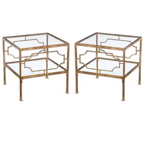 Home Square Metal and Tempered Glass Cube Table in Gold - Set of 2