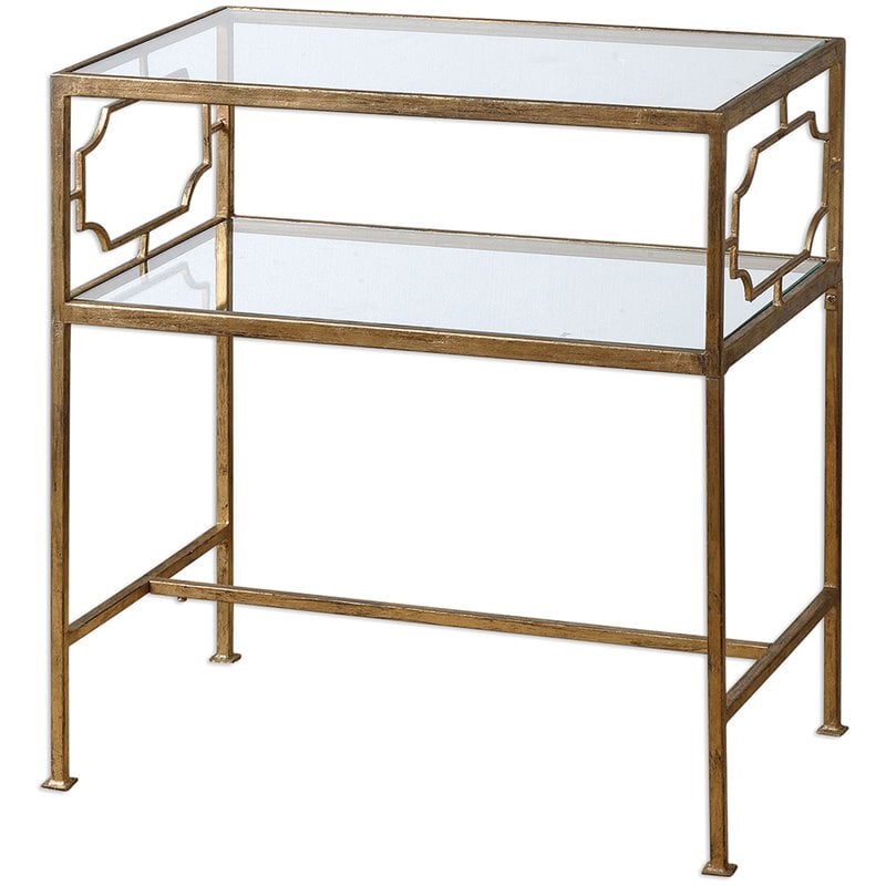 Home Square Leafed Iron Glass Side Table in Gold Finish - Set of 2