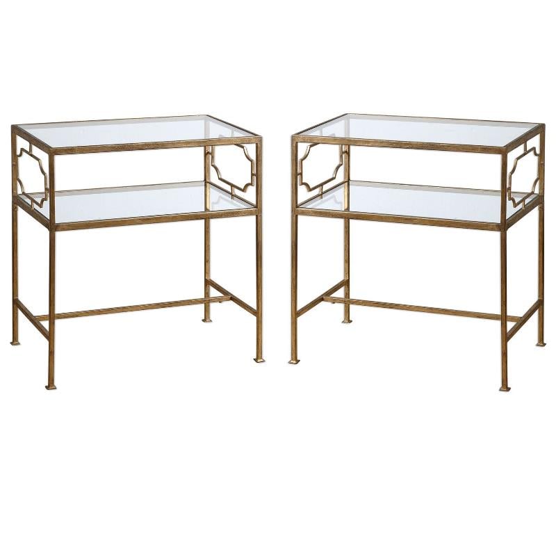 Home Square Leafed Iron Glass Side Table in Gold Finish - Set of 2