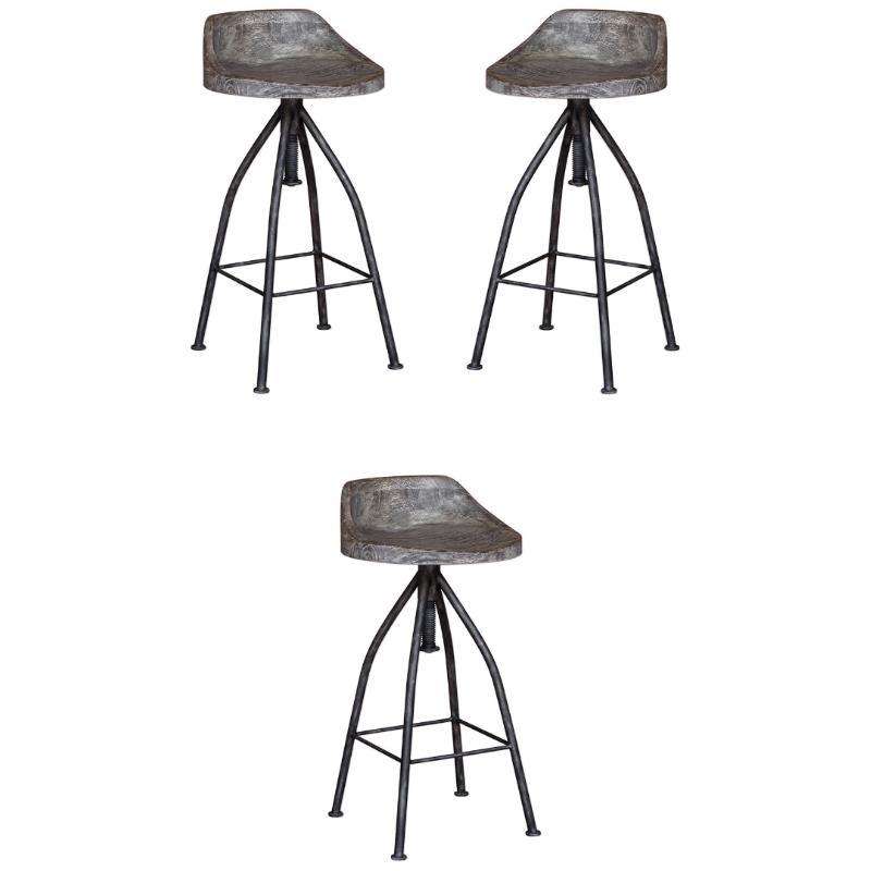 Home Square Wooden Bar Stool with Hand Carved Seat in Gray - Set of 3