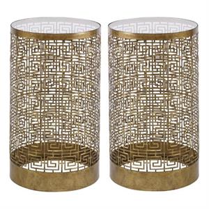 Home Square 14&quot Round Glass Top Accent End Table in Gold - Set of 2