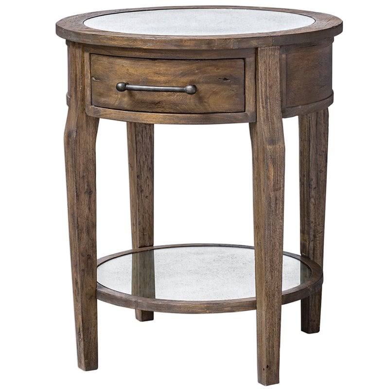 Home Square 1 Drawer Mirrored Top End Table in Weathered Pecan - Set of 2
