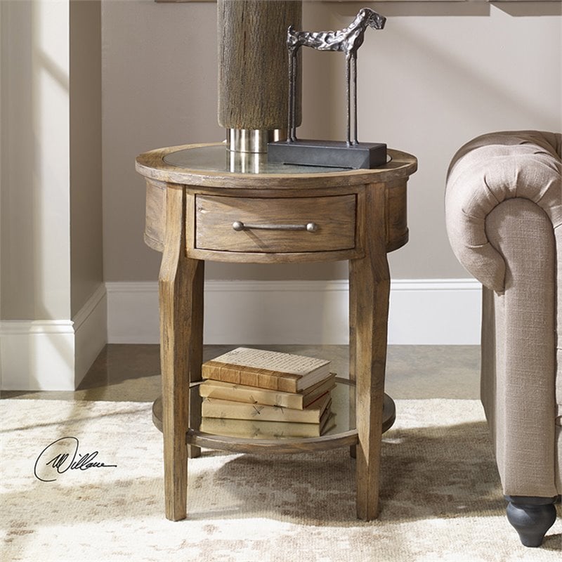 Home Square 1 Drawer Mirrored Top End Table in Weathered Pecan - Set of 2