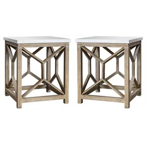 Home Square 22&quot Square Stone Top End Table in Ivory and Oatmeal - Set of 2