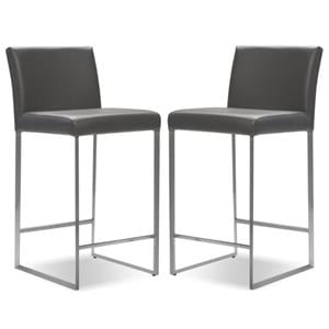 Home Square 26&quot Leather and Stainless Steel Counter Stool in Gray - Set of 2