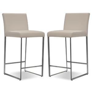 Home Square 26&quot Leather Counter Stool with Stainless Steel in Pewter - Set of 2