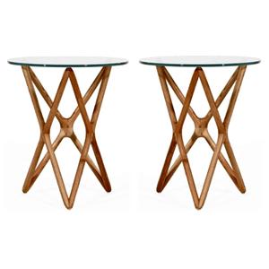 Home Square 19&quot Round Glass Top End Table in Walnut - Set of 2