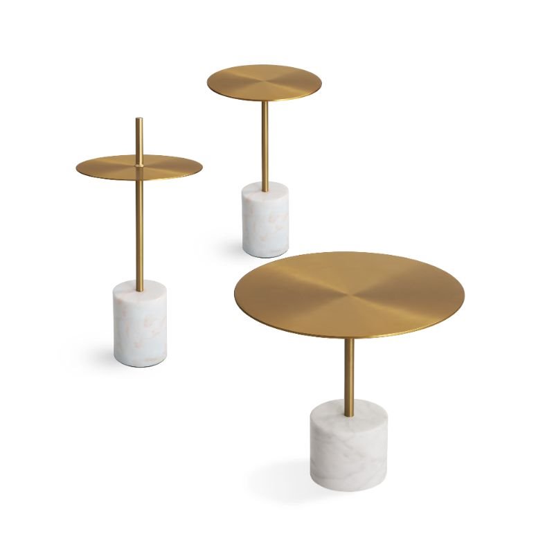 Home Square Modern Low End Table with Brass Top and White Marble Base - Set of 2