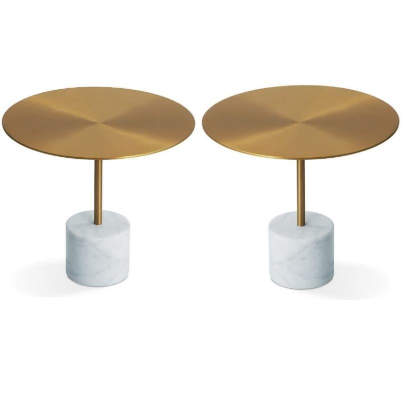 Home Square Modern Low End Table with Brass Top and White Marble Base - Set of 2