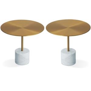 Home Square Modern Low End Table with Brass Top and White Marble Base - Set of 2