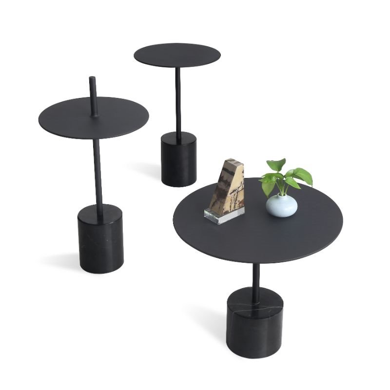 Home Square Modern Low End Table with Steel Top and Black Marble Base - Set of 2