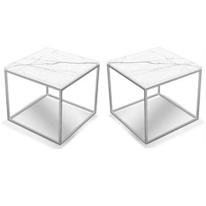Home Square 19&quot Modern Square End Table in White Marble & Steel Base - Set of 2